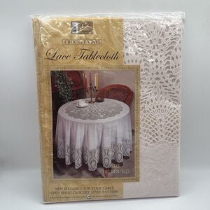 NEW Better Home White Crochet Vinyl Lace Tablecloth 70" Round